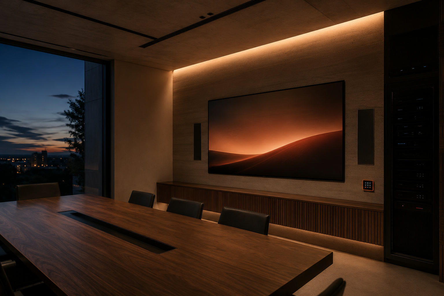 An integrated media room at dusk: a wall-mounted screen, in-wall speakers, cove lighting and a control panel glowing warm.