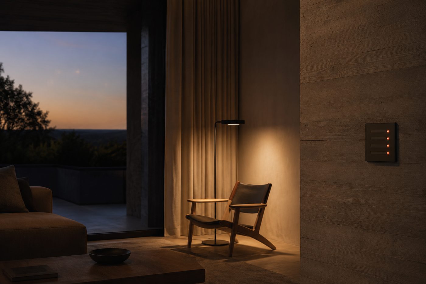 A wall-mounted lighting keypad displaying a "Scene: Relax" preset beside a warm floor lamp.
