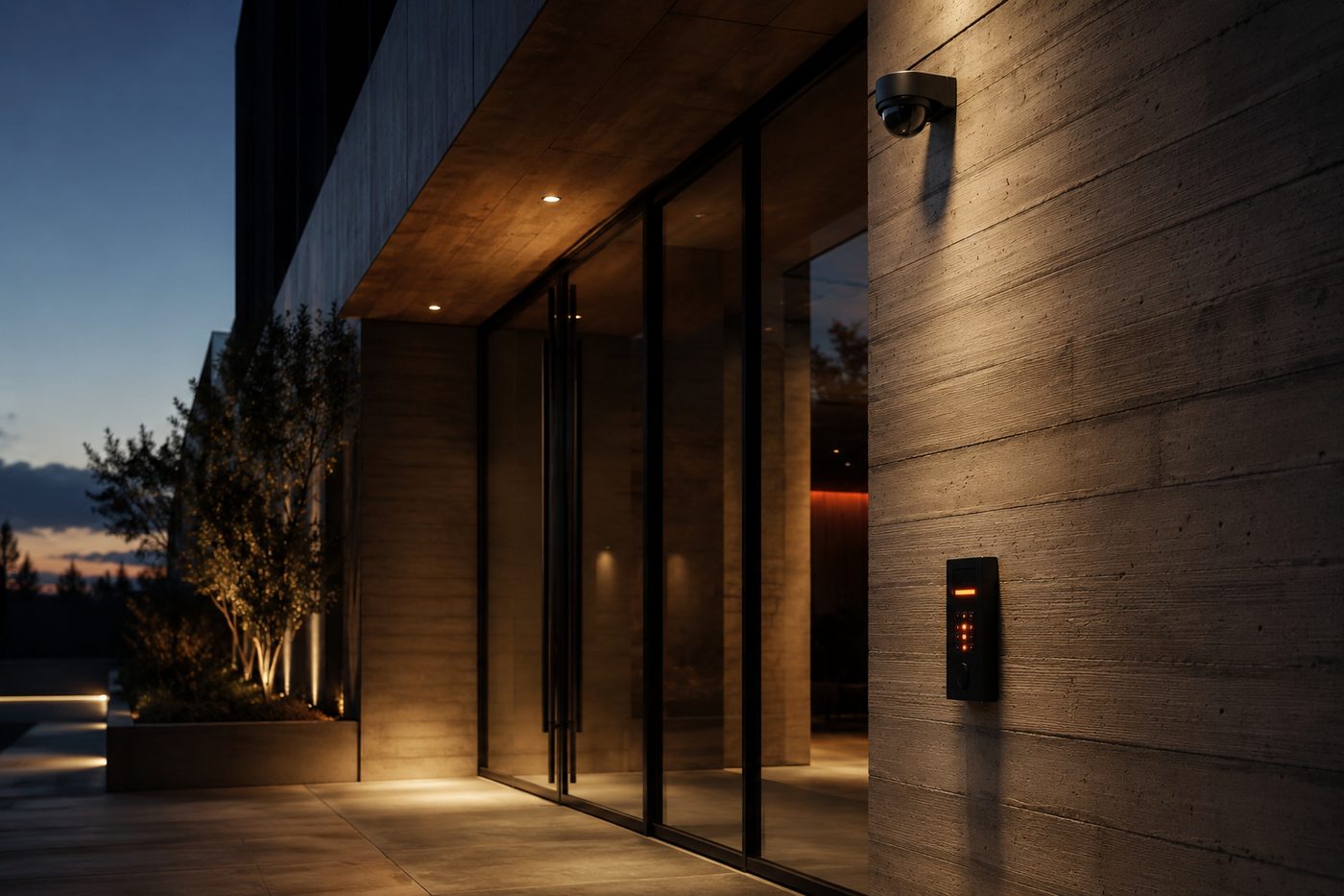 A commercial building facade with surveillance cameras and an access-control keypad at the entrance gate.