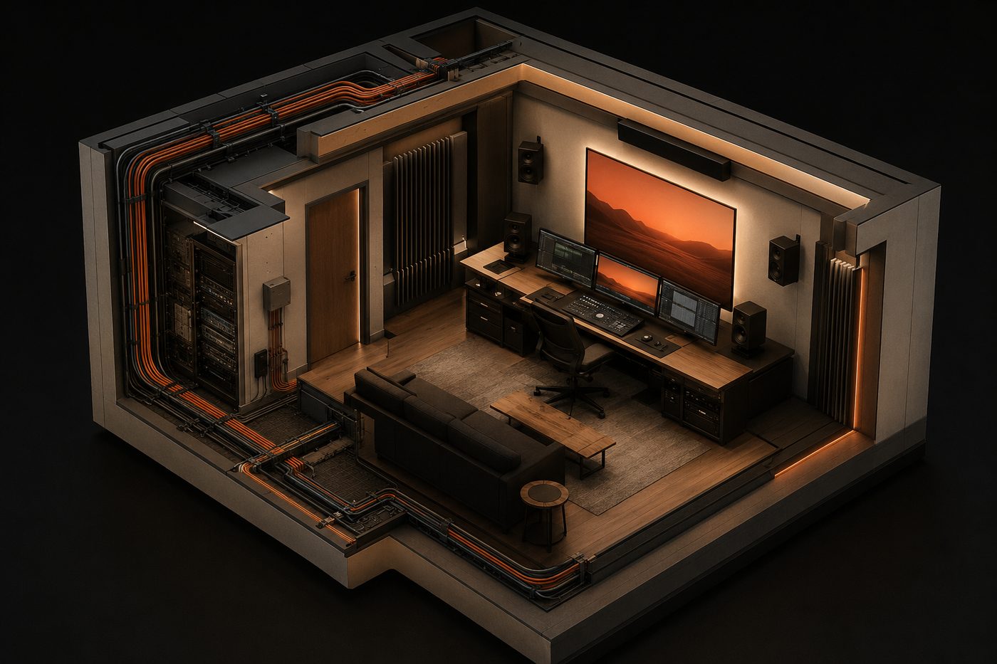 An isometric cutaway of an audiovisual and media edit room with monitors, speakers and equipment.