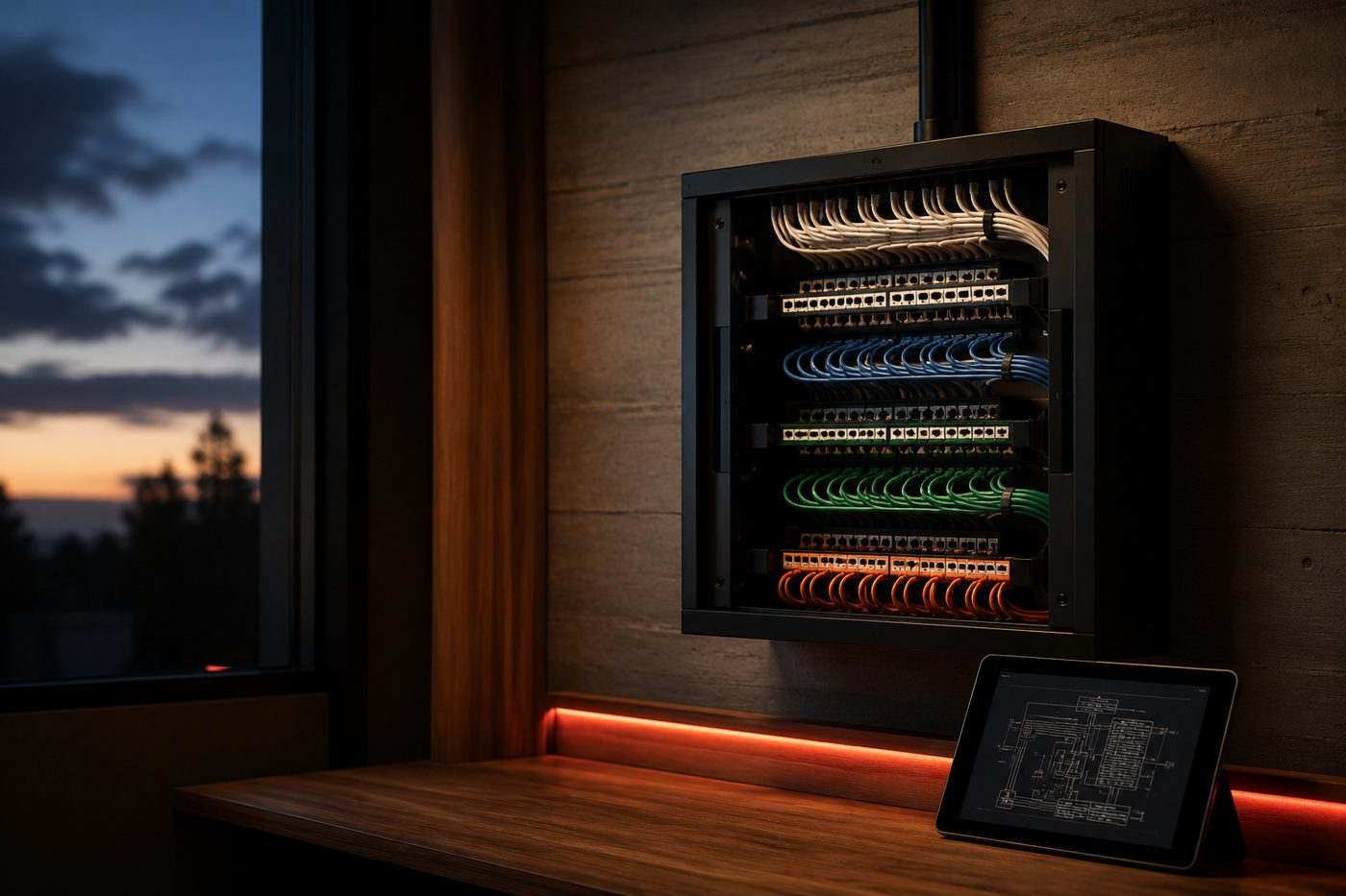 A wall-mounted cabling termination box with color-coded network cables and a tablet showing the wiring diagram.