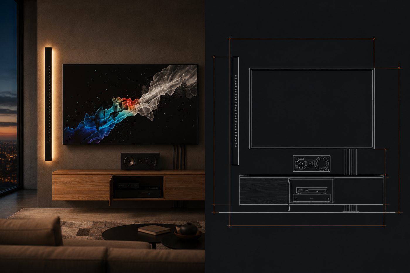 A finished render of an audiovisual feature wall paired with its dimensioned elevation drawing.