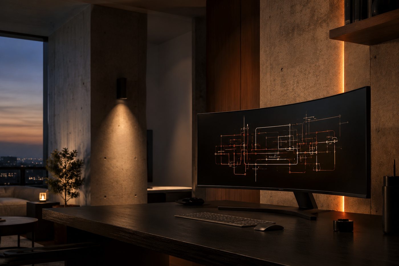 A single-line system-engineering schematic shown on a curved monitor during design development.
